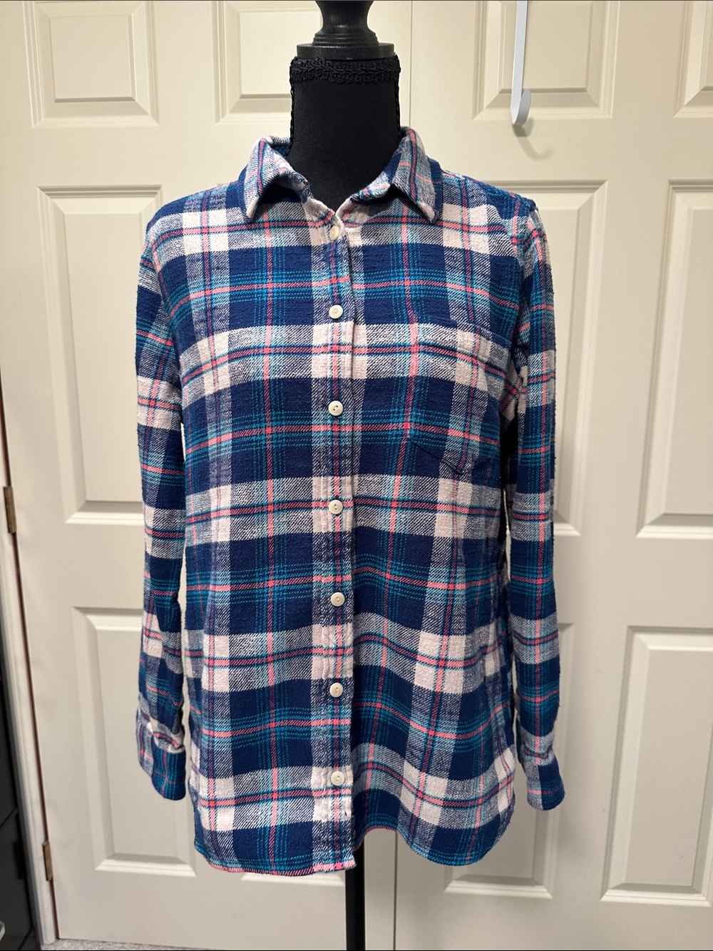 J. Crew Navy, Blue & White Plaid Flannel Button-Down Shirt